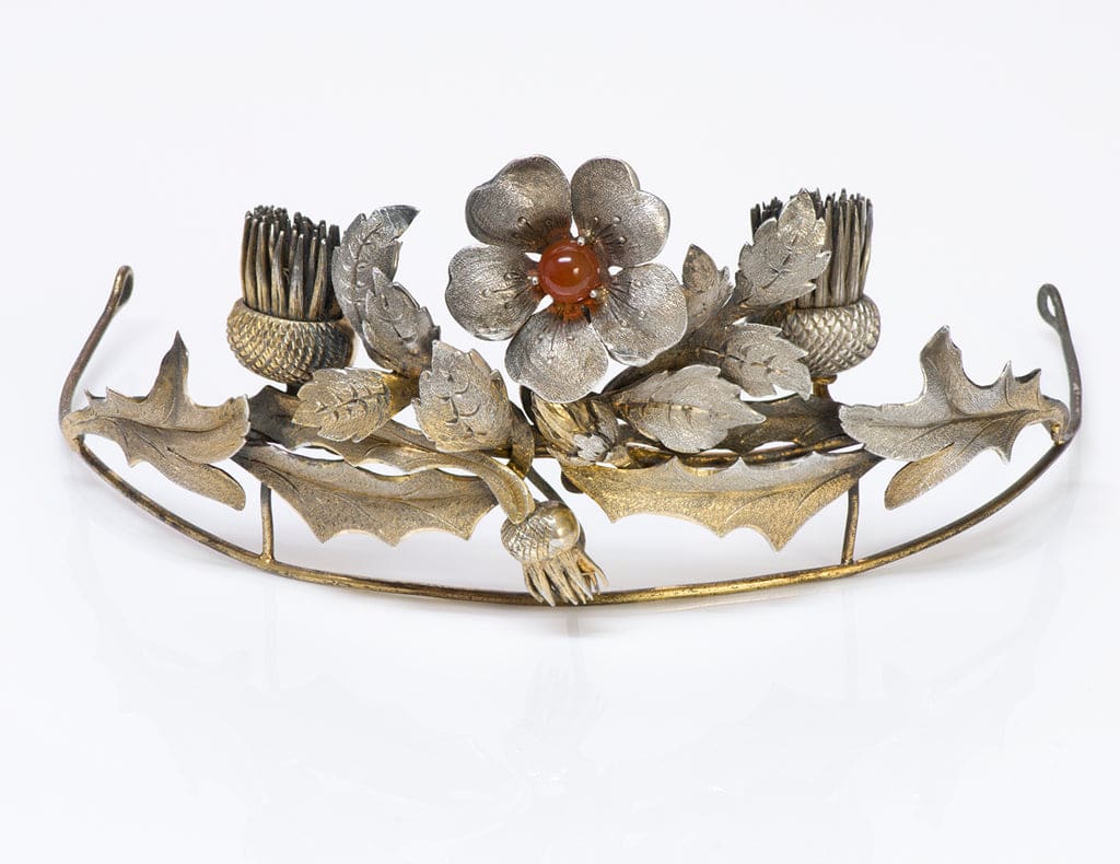 Diadème d'époque victorienne, circa 1870. Fleur de chardon en argent doré (vermeil) et cornaline © DSF Antique Jewelery