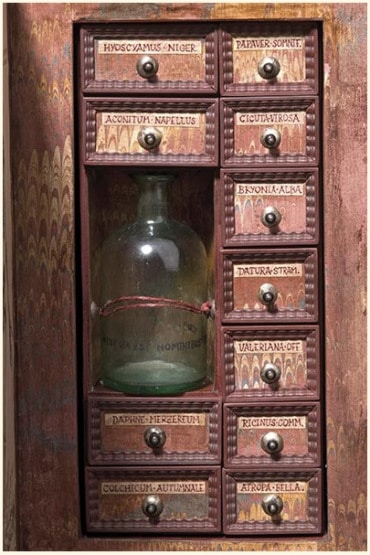 Intérieur du cabinet à poison. Les tiroirs sont ornés de papier marbré © Hermann Historica