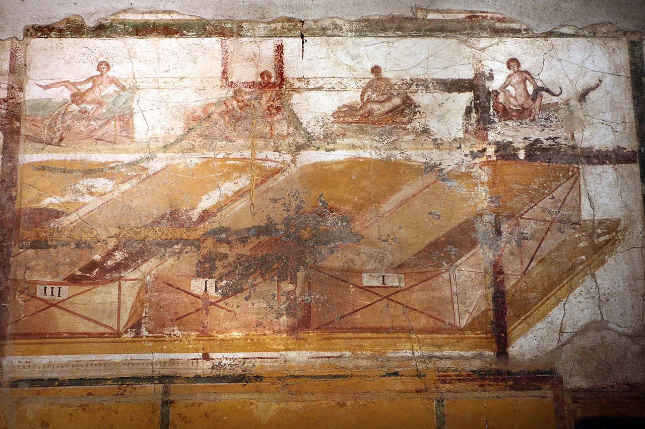 Fresque de scènes érotiques et de casiers numérotés de l’apodytorium des thermes suburbains de Pompéi © Archeology News Network