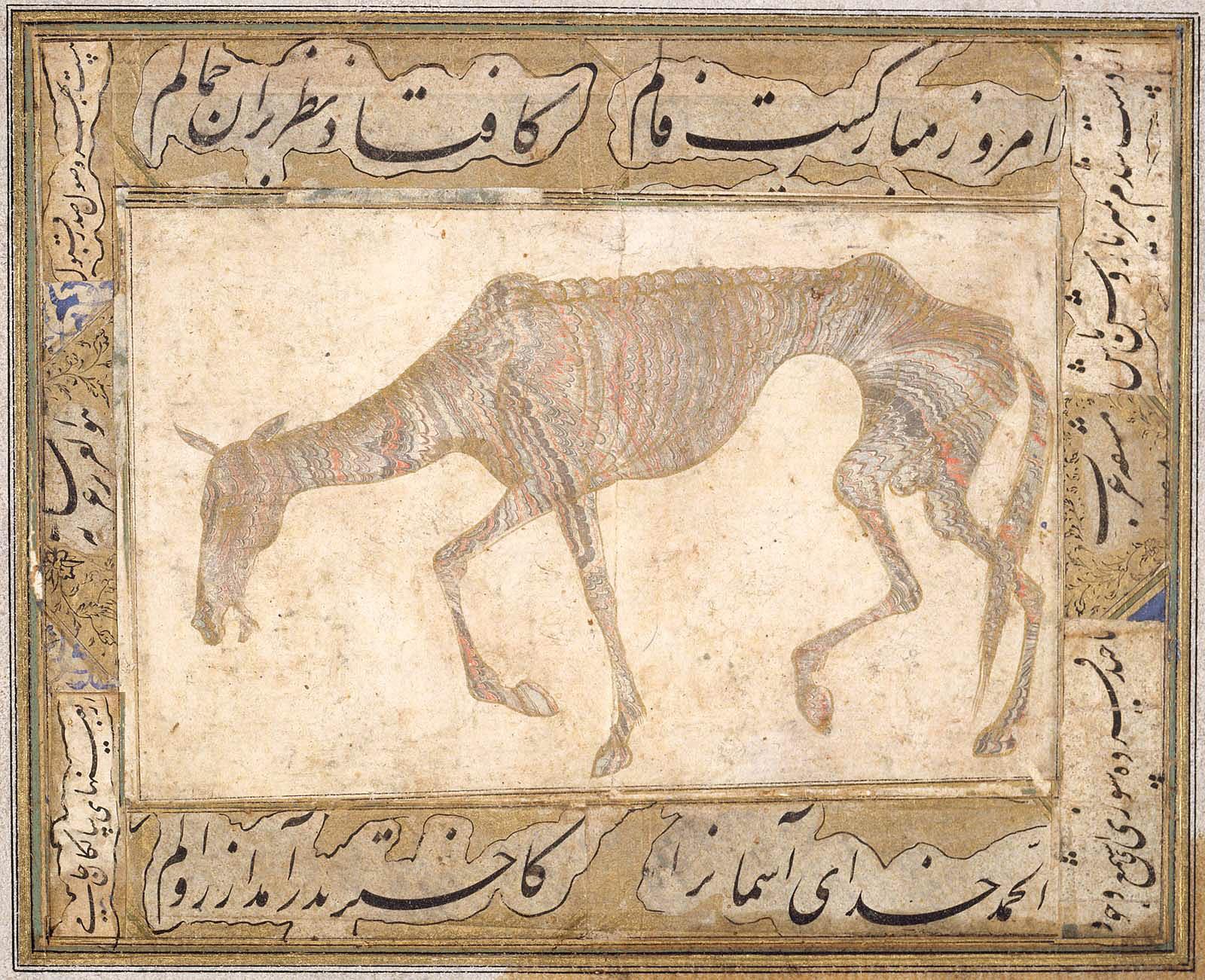 Papier marbré abri figurant un cheval émacié. Inde, Deccan. Milieu du XVIIe siècle, dynastie Adil Shahi ou Qutb Shahi © Museum of Fine Arts Boston