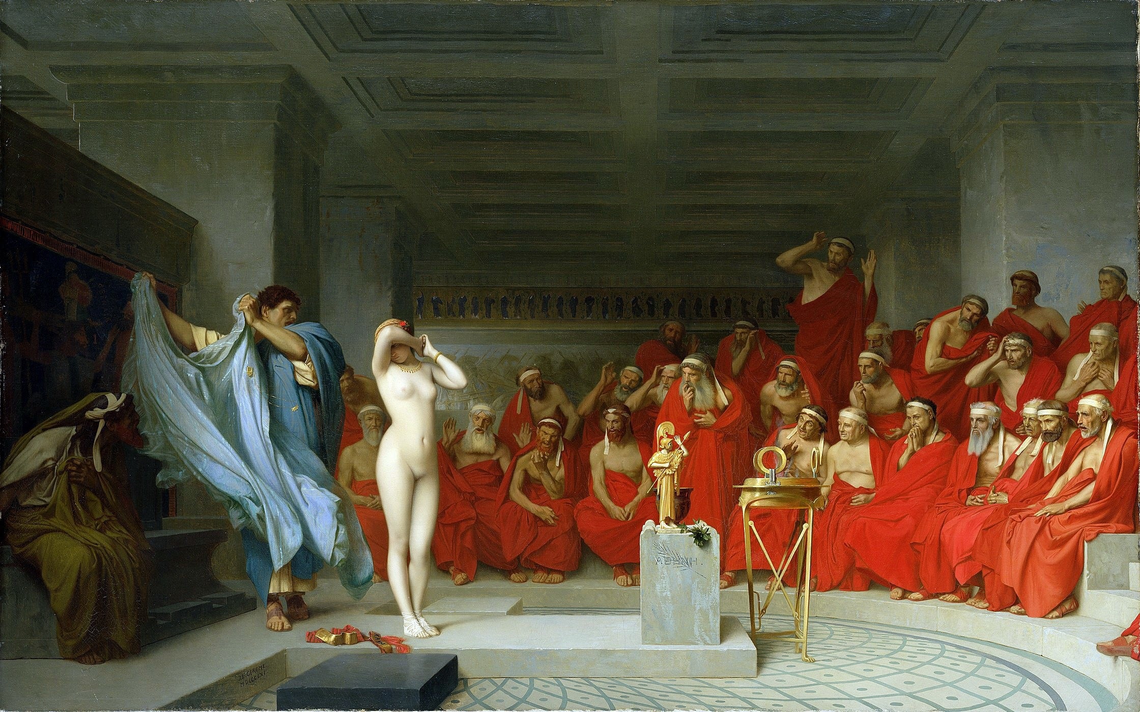 Jean-Léon Gérôme (1824 - 1904), Phryné devant l’aéropage. Huile sur toile datée de 1861 et conservée à la Kunsthalle de Hambourg.