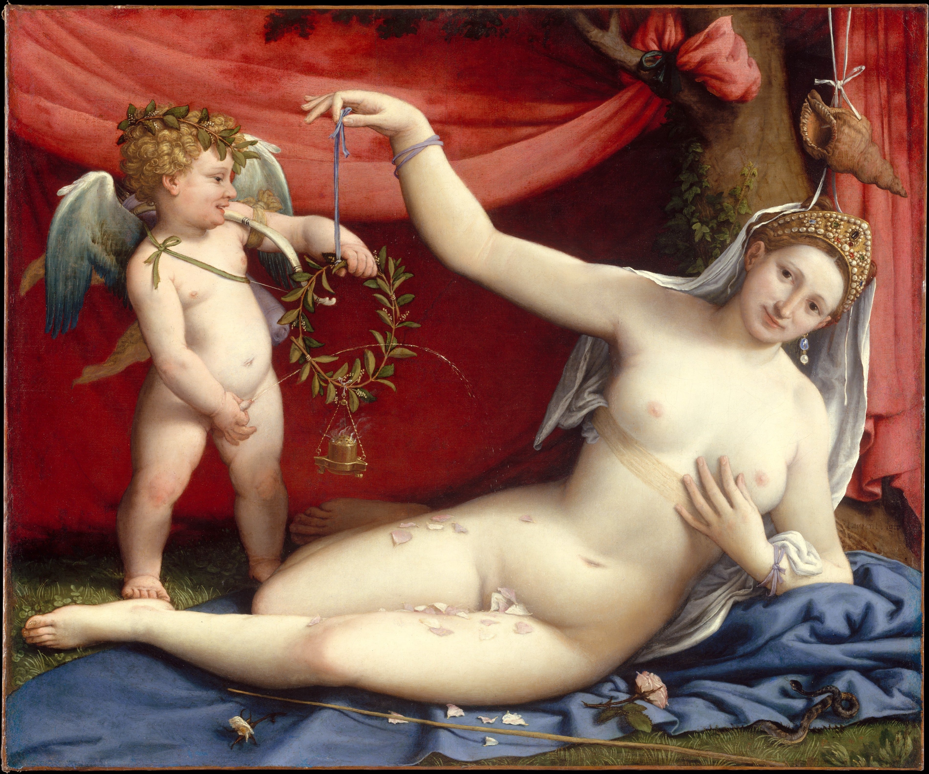 Lorenzo Lotto, Vénus et Cupidon. Cupidon urine sur Vénus dont la ceinture est nouée sous sa poitrine. Le jet d’urine passe à travers une couronne de lauriers de myrte que la déesse tient par un ruban ; cet acte symbolise la fertilité. Huile sur toile, circa 1520 © MET Museum
