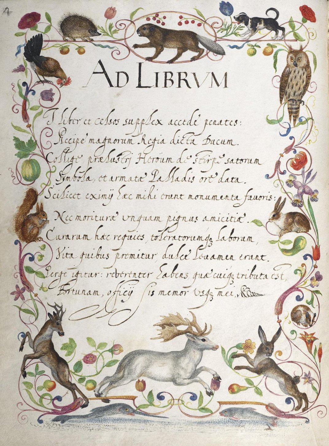 Un poème latin entouré d'animaux, liber amicorum de Philipp Hainhofer © Herzog August Bibliothek