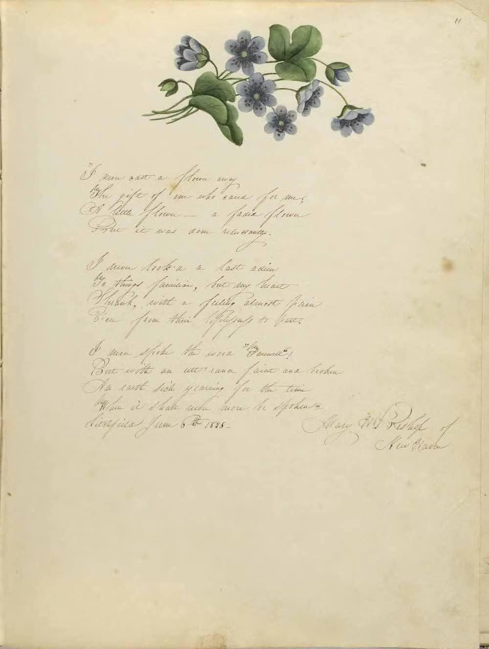 Poème et dessin signés par Mary Huggins Bishop, 6 juin 1825. Album de Mary Wallace Peck © Litchfield Historical Society
