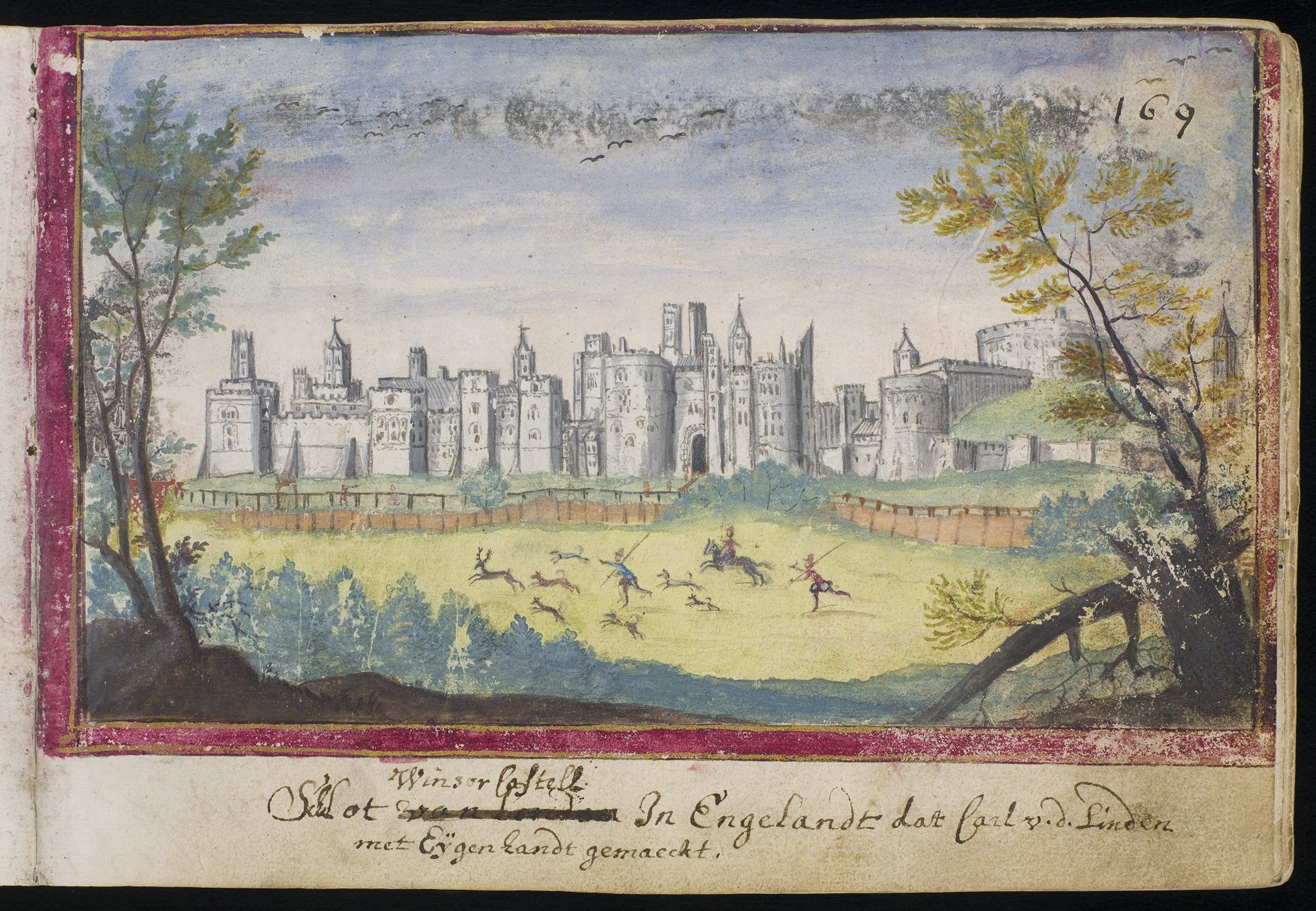Livre d’ami de Michael van Meer qui voyagea à Londres en 1614-1615, Château de Windsor, avec une chasse au cerf dans le parc (f. 169r) © The British Library