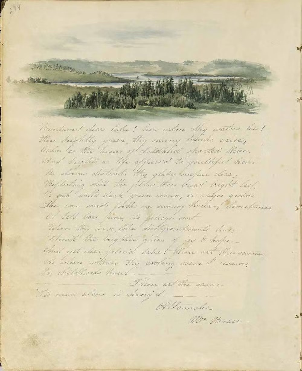 Poème et dessin du lac Bantam (près de Litchfield), signé par M. Brace (probablement John Pierce Brace). Album de Mary Wallace Peck © Litchfield Historical Society