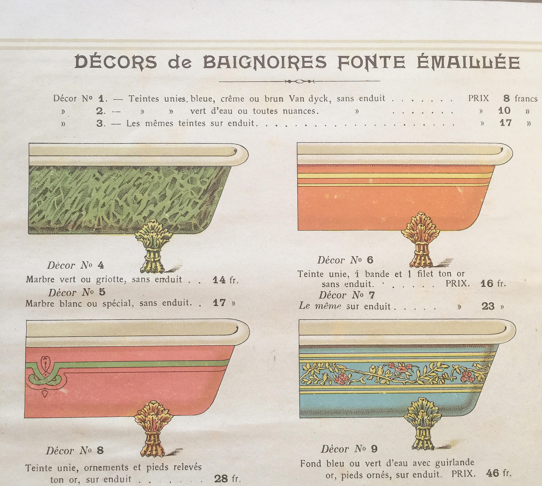 Extrait d’un catalogue présentant les options de décoration des baignoires de fonte émaillée. Circa 1950 © The Northern School