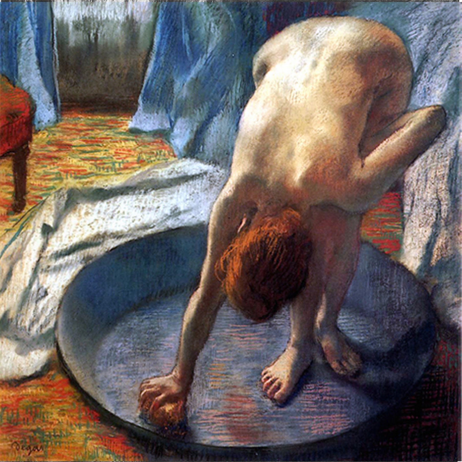 Edgar Degas, Femme à la bassine. Pastel sur papier gris-bleu, 1886. Conservé au Hill–Stead Museum, Farmington