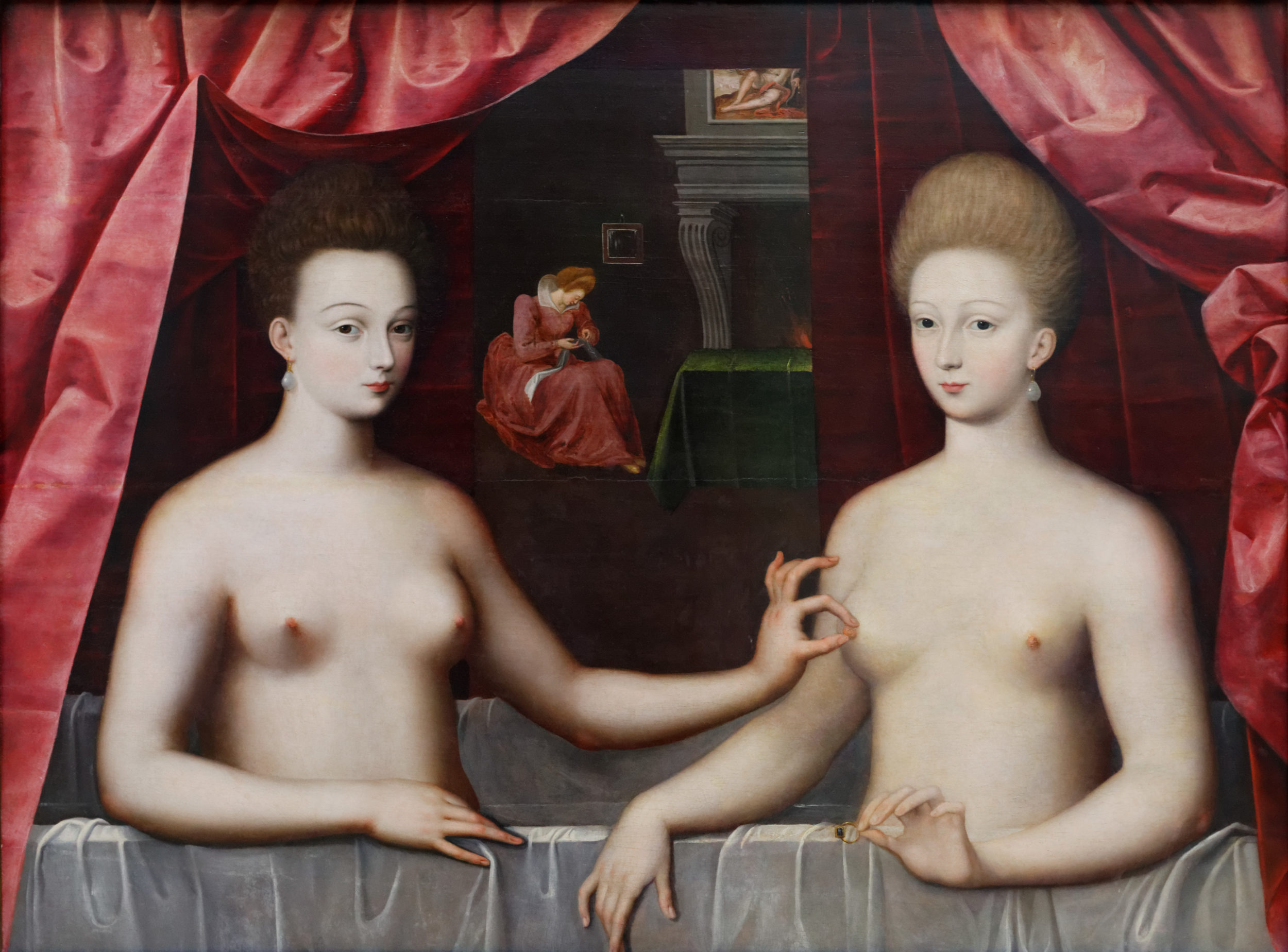 École de Fontainebleau, Portrait présumé de Gabrielle d'Estrées et de sa soeur la duchesse de Villars. Huile sur toile vers 1594, Musée du Louvre