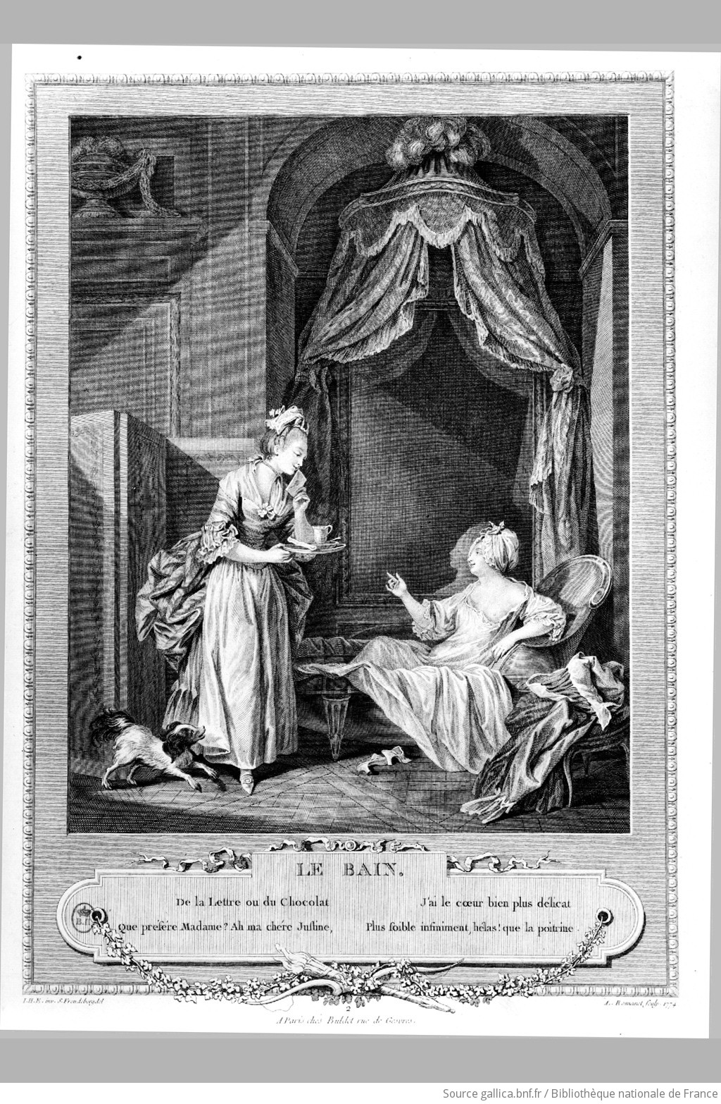 Illustrations de Suite d’Estampes et Seconde Suite d’Estampes pour l’Histoire des Mœurs et du Costume des Français dans le 18e siècle. Freudeberg, S., Moreau le Jeune Dessinateurs, [Planche 2] Le bain. In Scènes de la vie quotidienne des nobles français sous l'ancien régime © BNF