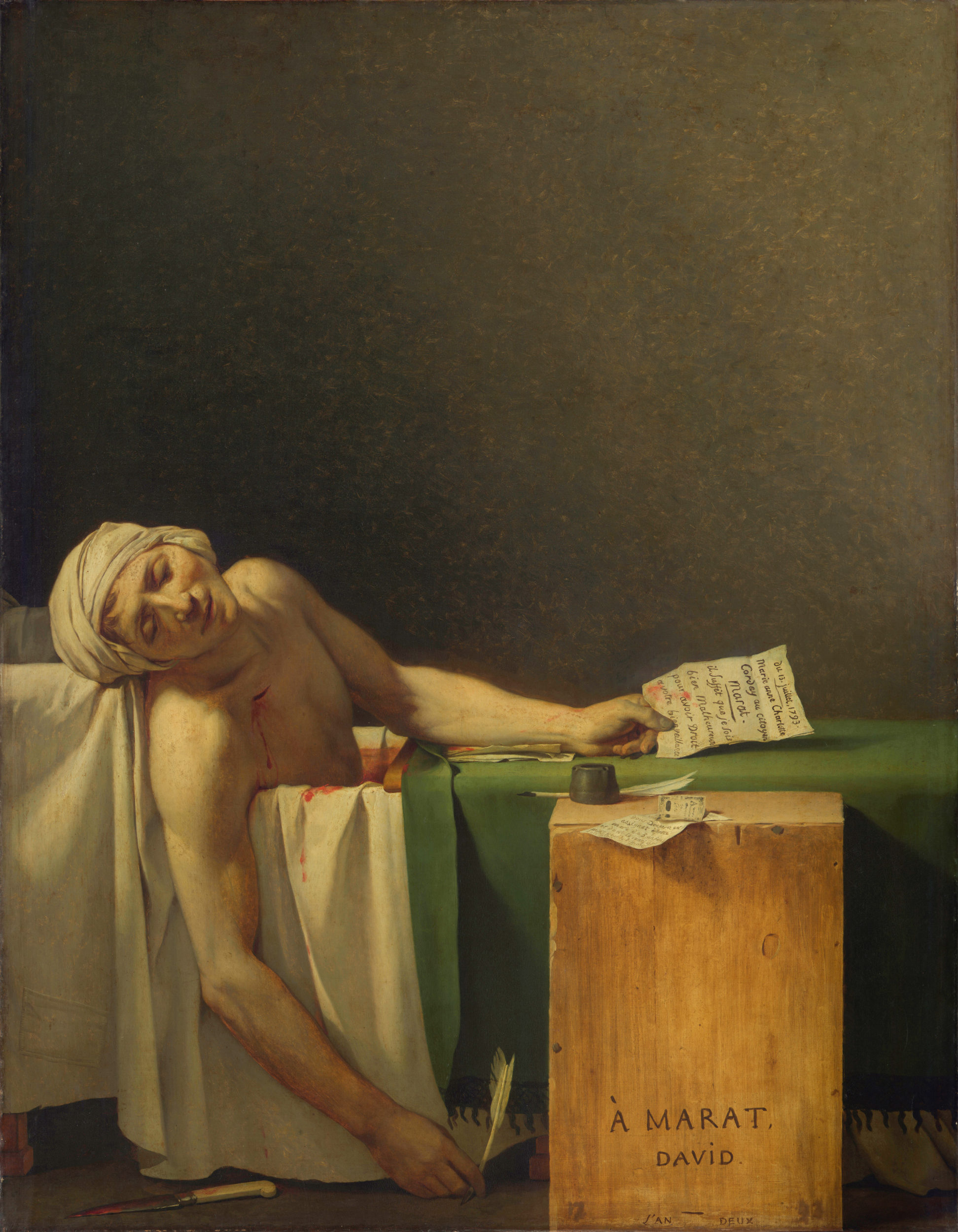 Jacques-Louis David, La Mort de Marat. Huile sur toile peinte en 1793 et conservée aujourd’hui au Musées royaux des Beaux-Arts de Belgique.