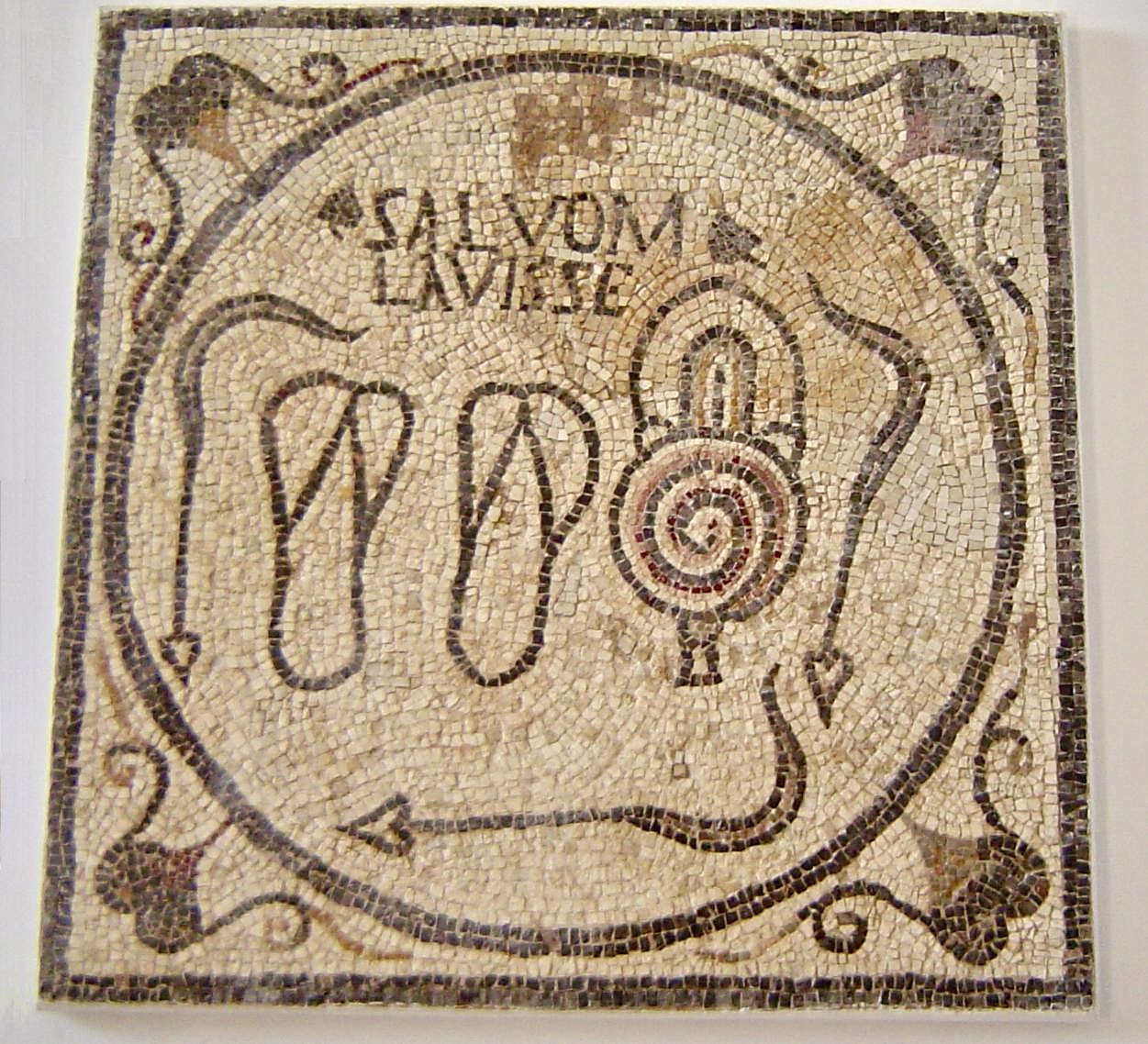 Mosaïque des bains de Sabratha, en Libye. L'inscription Salvom Lavisse peut se traduire par « se laver est bénéfique ».
