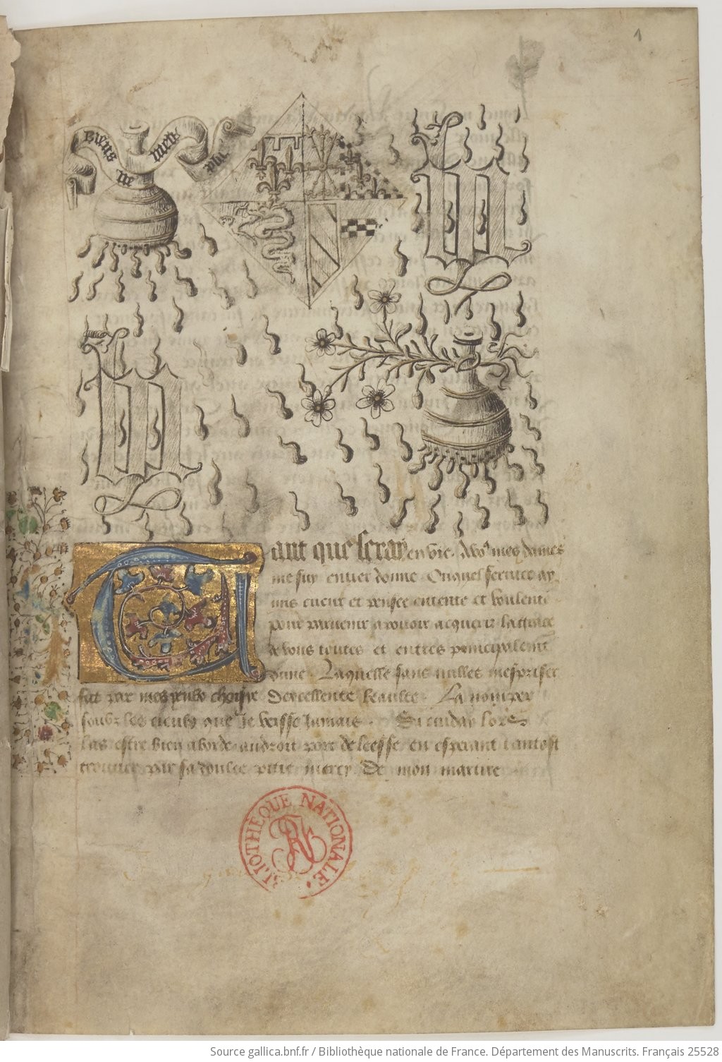 Page (folio 1r) extraire de Il Filostrato, de Boccace (1313 - 1375), traduit par Louis de Beauvau, [Le Roman de Troyle] et présentant les armes de Marie de Clèves (1426 - 1487). Manuscrit daté de 1455 - 1456 © Gallica